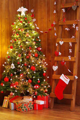 Christmas Stocks Hang On Ladder With Christmas Tree For Holiday Backdrop Shopbackdrop